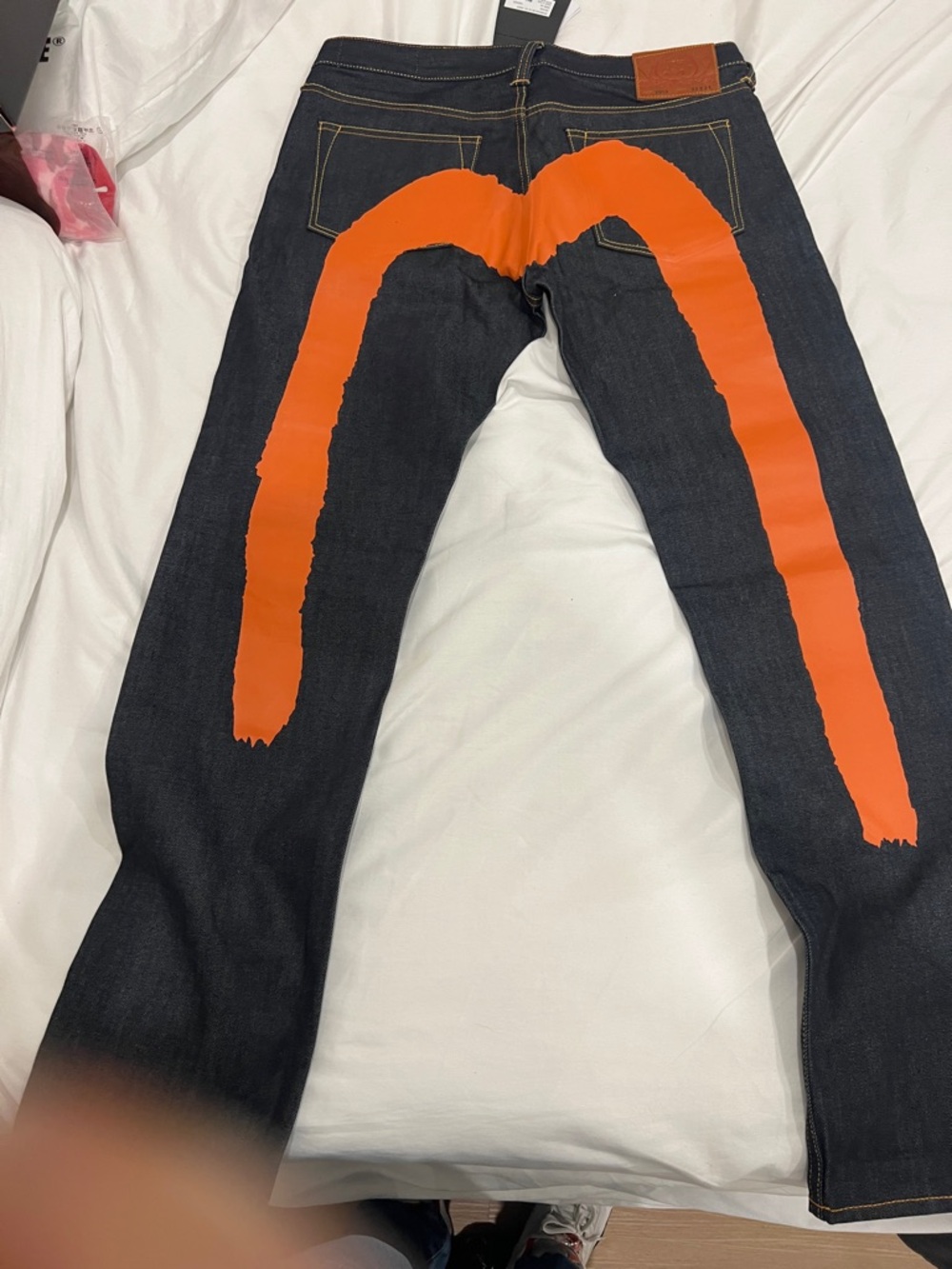 EVISU Dark Blue Straight Jeans with Orange Arch Graphic
